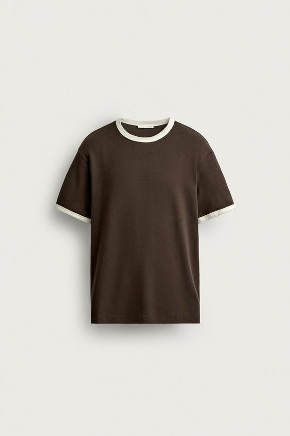 ZARA ФУТБОЛКА В РУБЧИК С КОНТРАСТНОЙ ОТДЕЛКОЙ БАЗОВАЯ, КОРИЧНЕВЫЙ
