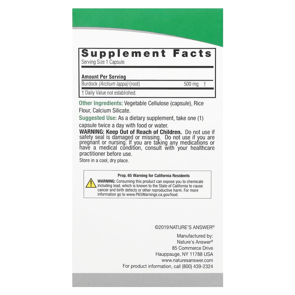 Nature's Answer, Лопух, трава полного спектра, 500 мг, 90 вегетарианских капсул