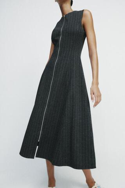 ZARA ПЛАТЬЕ МИДИ В ПОЛОСКУ, СЕРЫЙ/БЕЖЕВЫЙ