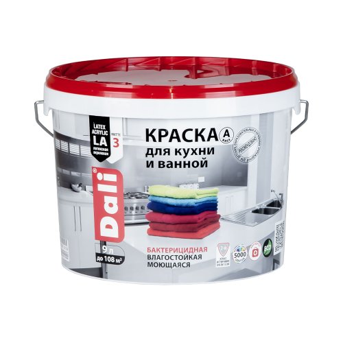 Краска для кухни и ванной Dali, латексная, глубокоматовая, база A, супербелая, 9 л, 20250