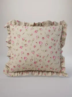 Декоративная наволочка с рюшами, оборками "Розовые бутоны на бежевом" 70х70 см, 1 шт, без молнии
