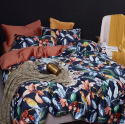 Постельное белье ЕВРО (двуспалка) Египедский Хлопок Попугаи на синем