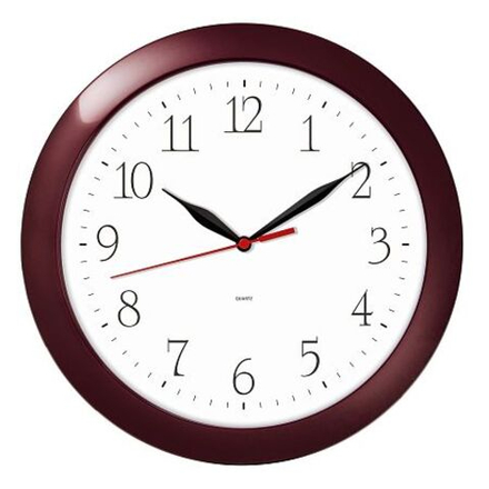 Часы настенные, модель 01, диаметр 290 мм, стекло пластиковое, пластиковый обод, цвет-бордовый.