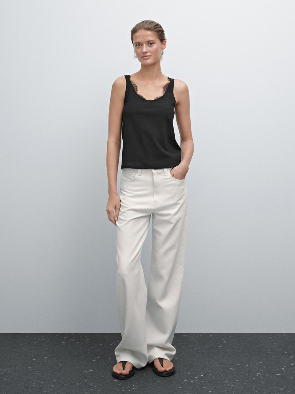 Massimo Dutti Топ из хлопка с кружевом, черный