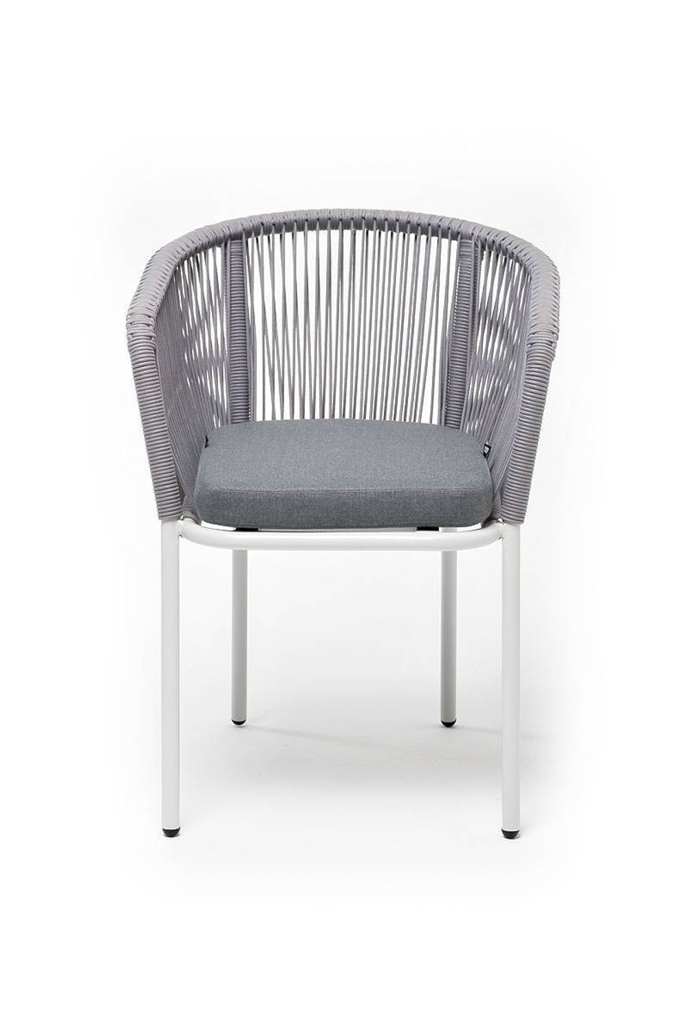 "Марсель" стул плетеный из роупа, каркас алюминий белый муар, роуп светло-серый круглый, ткань светло-серая