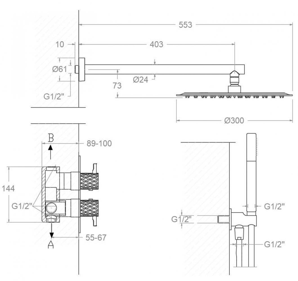 Встраиваемый термост.смеситель для душа на 2 выхода с троп.и руч.душем ODISEA JOYA K5987022CUC медь