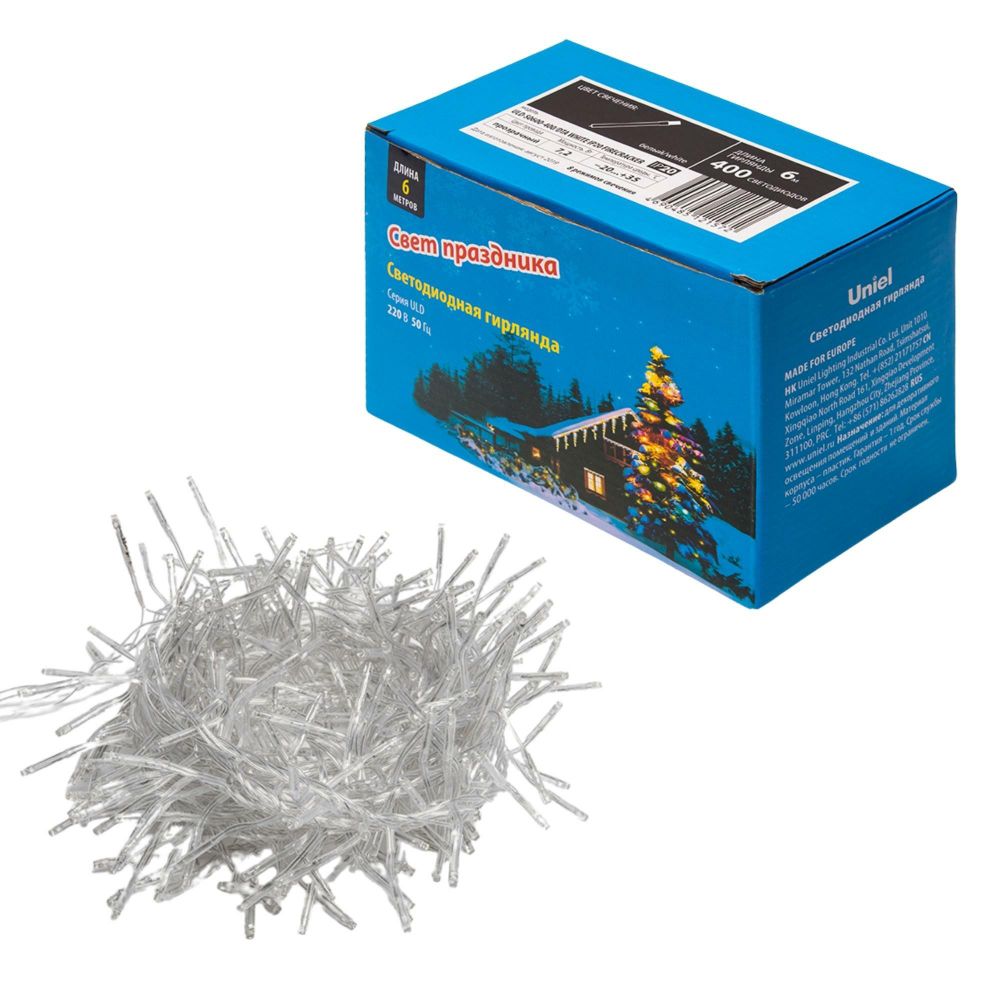 ULD-S0600-400/DTA WHITE IP20 FIRECRACKER Гирлянда светодиодная с контроллером «Фейерверк», 6м. 400 светодиодов. Белый свет. Провод прозрачный. ТМ Unie