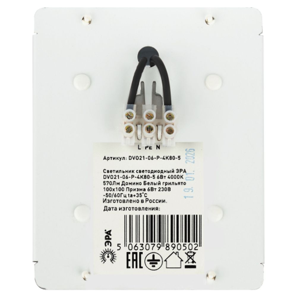 Светильник светодиодный ЭРА DVO21-06-P-4K80-5 6Вт 4000K 570Лм Домино белый грильято 100х100 Призма | Офисные Светильники Россия