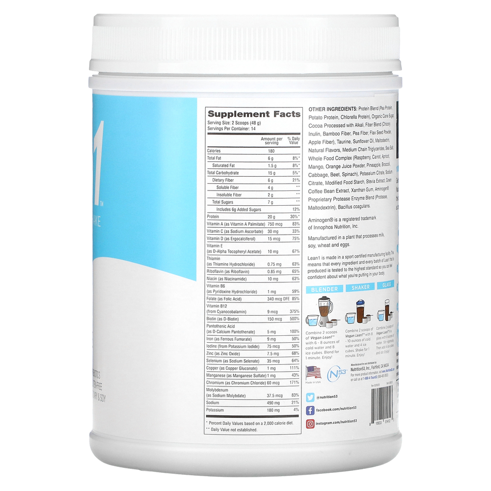 Lean1, Nature's Protein Shake, протеиновый коктейль, шоколадный вкус, 672 г (1,5 фунта)