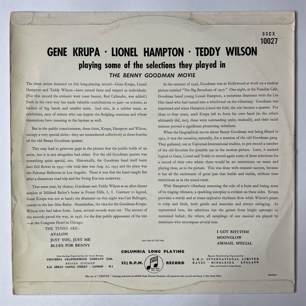 Винтажная виниловая пластинка LP Gene Krupa, Lionel Hampton, Teddy Wilson (UK 1956)