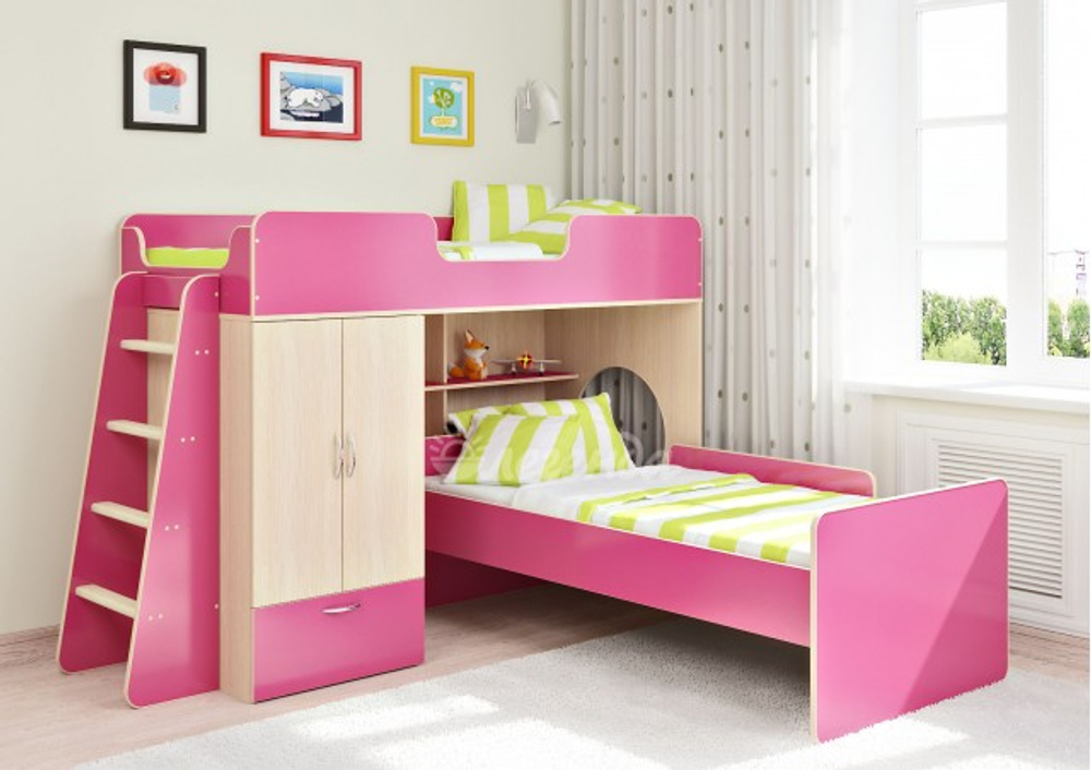 Кровать-чердак КарИВи Л-3.4  Дуб Молочный Розовый