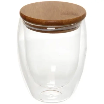 Стакан стеклянный с двойными стенками 350мл «Хай-Тек» с бамбуковой крышкой
