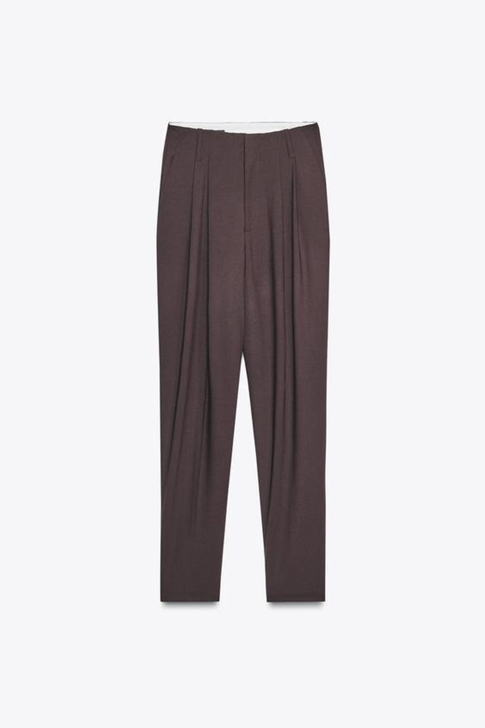 ZARA БРЮКИ СО СКЛАДКАМИ, ПУГОВИЦЕЙ СНИЗУ, ТЕМНО-БОРДОВЫЙ