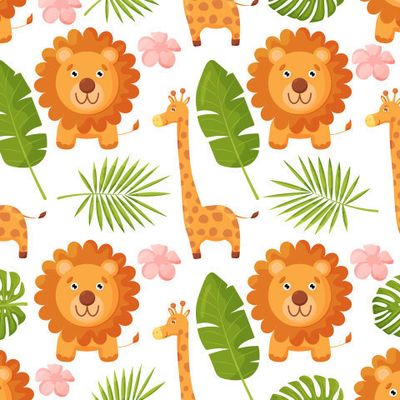 Симпатичные животные джунглей с фоном образца пальмовых листьев. Образец с жирафом и львом.