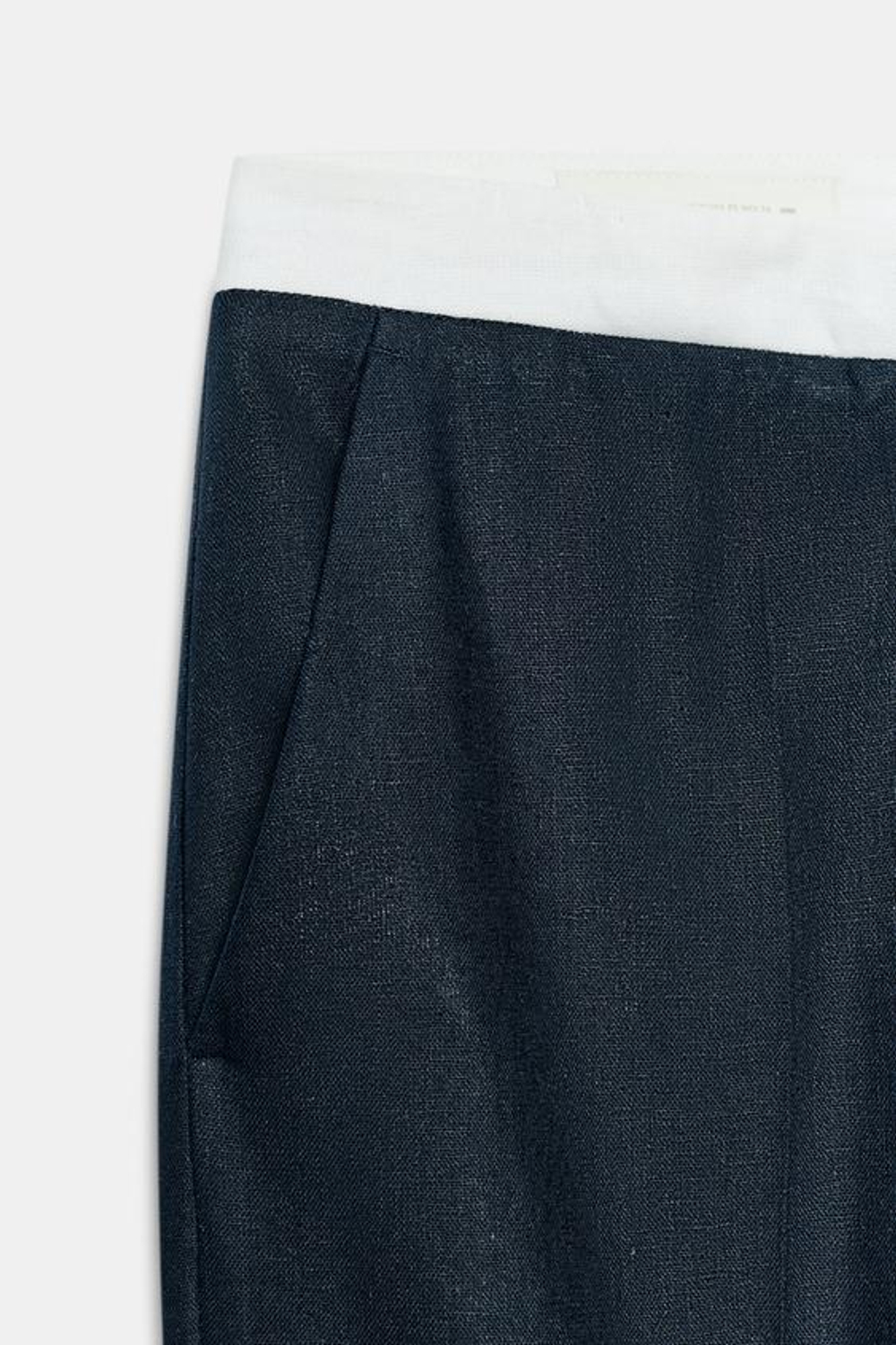 ZARA БРЮКИ ПРЯМОГО КРОЯ ИЗ ЛЬНА С КОНТРАСТНЫМ ПОЯСОМ, МОРСКОЙ СИНИЙ