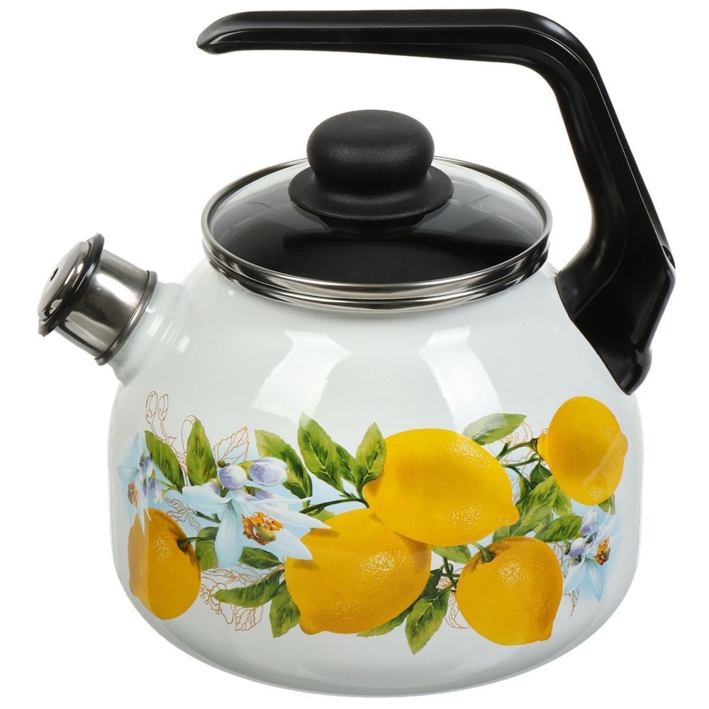 Чайник эмал, 3 л, свист, с пластиковой кнопкой, Сиб товары, Лимоны, бел, С2717.3