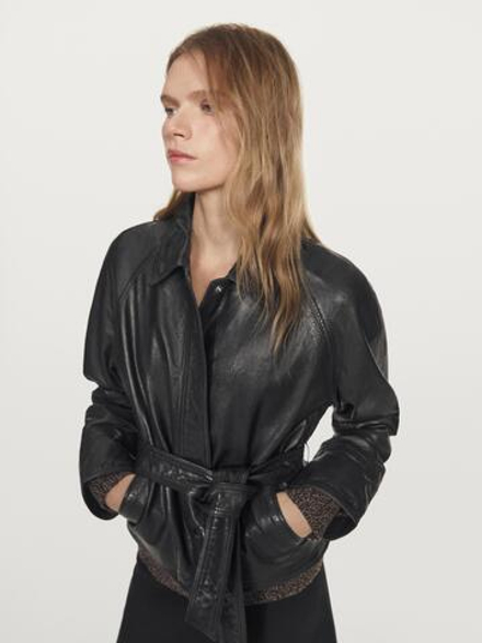 Massimo Dutti Куртка из кожи наппа с поясом, черный