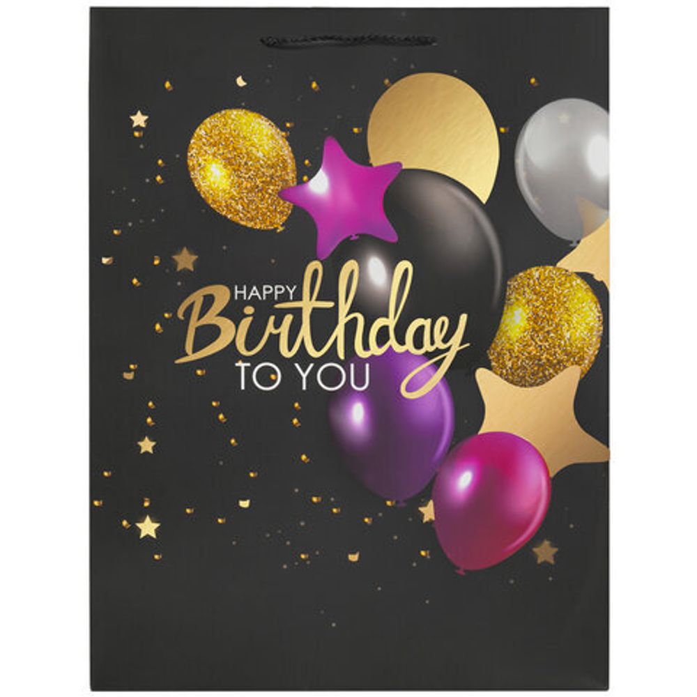 Пакет подарочный (1 штука) 33x13x45 см, ЗОЛОТАЯ СКАЗКА "Happy Birthday", фольга, черный, 608240