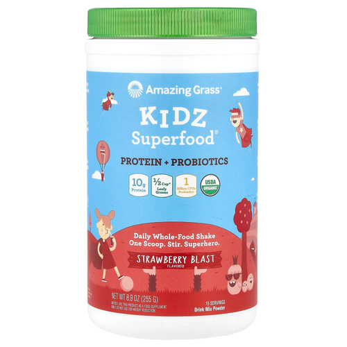 Amazing Grass, Kidz Superfood, протеин и пробиотики, клубничный взрыв, 255 г (8,9 унции)