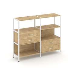 Shelf System Двухсекционный стеллаж трехярусный с ящиками SN.STM-323 Тиквуд Светлый/Металл Белый 159