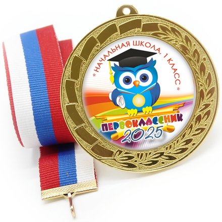 Медаль металл 70 мм "Учёная сова", лента в комплекте и цвет ленты в ассортименте.