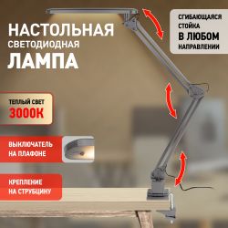 Настольный светильник ЭРА NLED-441-7W-S светодиодный на струбцине серебро | Светодиодные настольные лампы