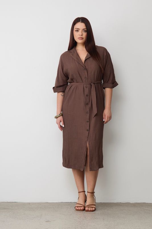 Платье-рубашка из жатой вискозы, трюфель