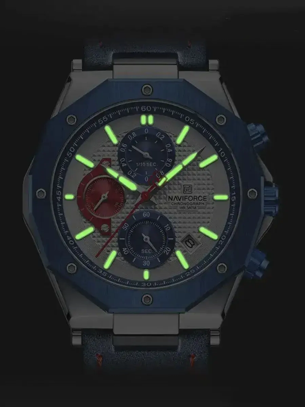 Часы наручные кварцевые NAVIFORCE на кожаном ремешке, серебристый/синий W8750-01
