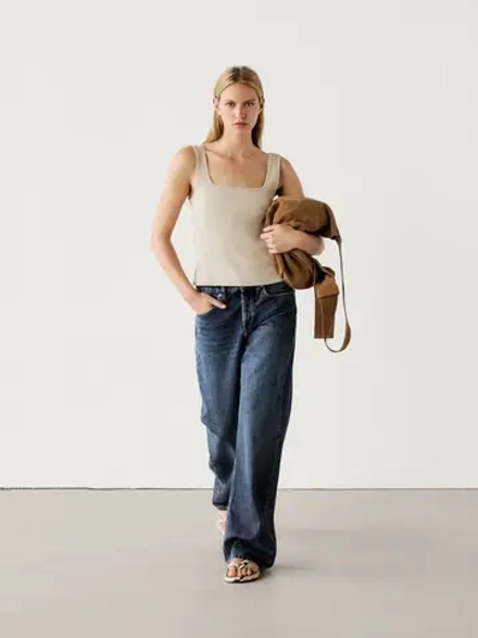 Massimo Dutti Топ в рубчик с квадратным вырезом, песочный