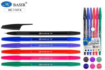 Набор ручек шарик. масл. 6цв. 0,7мм. цветной корпус, пласт.упакет на кнопке (Basir)