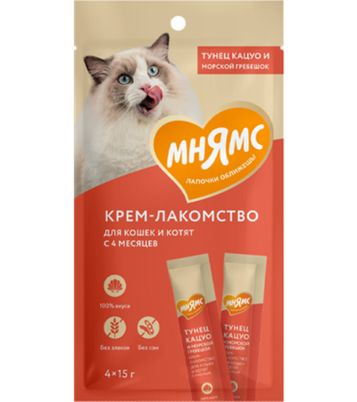Мнямс Крем Лакомство для кошек с тунцом Кацуо и морским гребешком 15гр.*4шт.