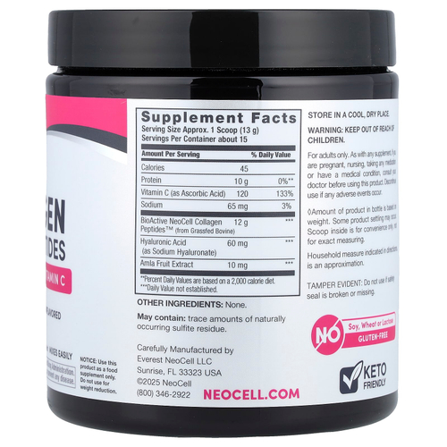 NeoCell, Улучшенные пептиды коллагена, гиалуроновая кислота и витамин C, с нейтральным вкусом, 195 г (6,9 унции)