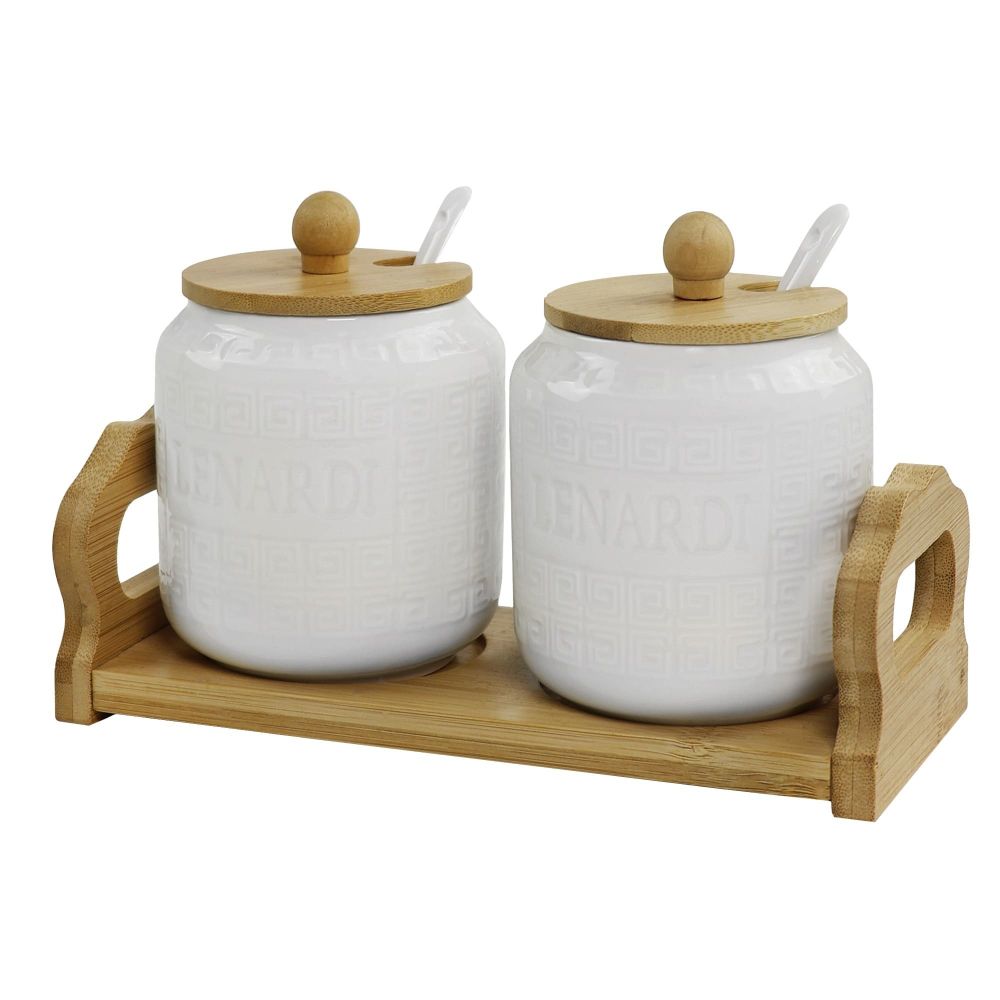 Lenardi 140-120 Набор из 2 банок 350мл для специй с ложками на подставке BAMBOO в под.уп.(х24)Фарфор
