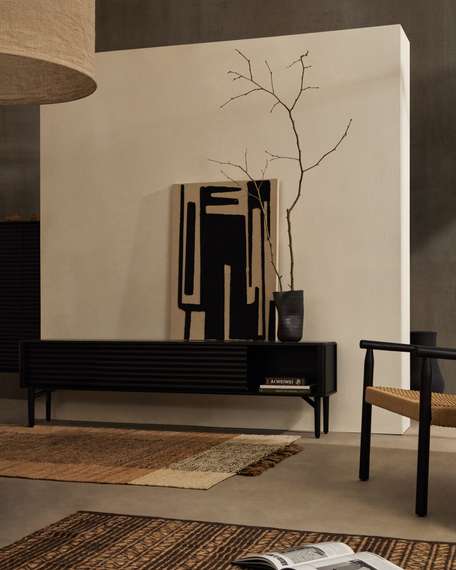 Тумба под телевизор Lenon, 2 дверцы черная из массива и шпона дуба