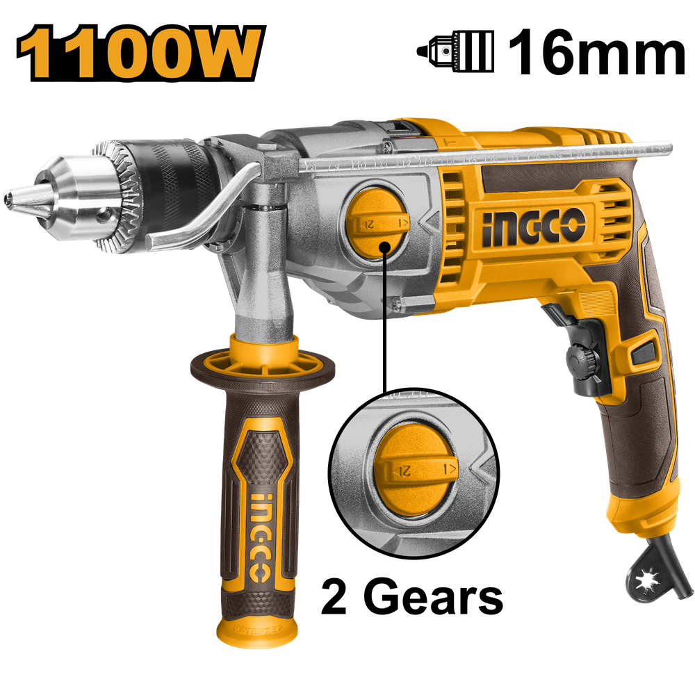 Дрель электрическая ударная INGCO ID211008 INDUSTRIAL 1100 Вт 3-16 мм