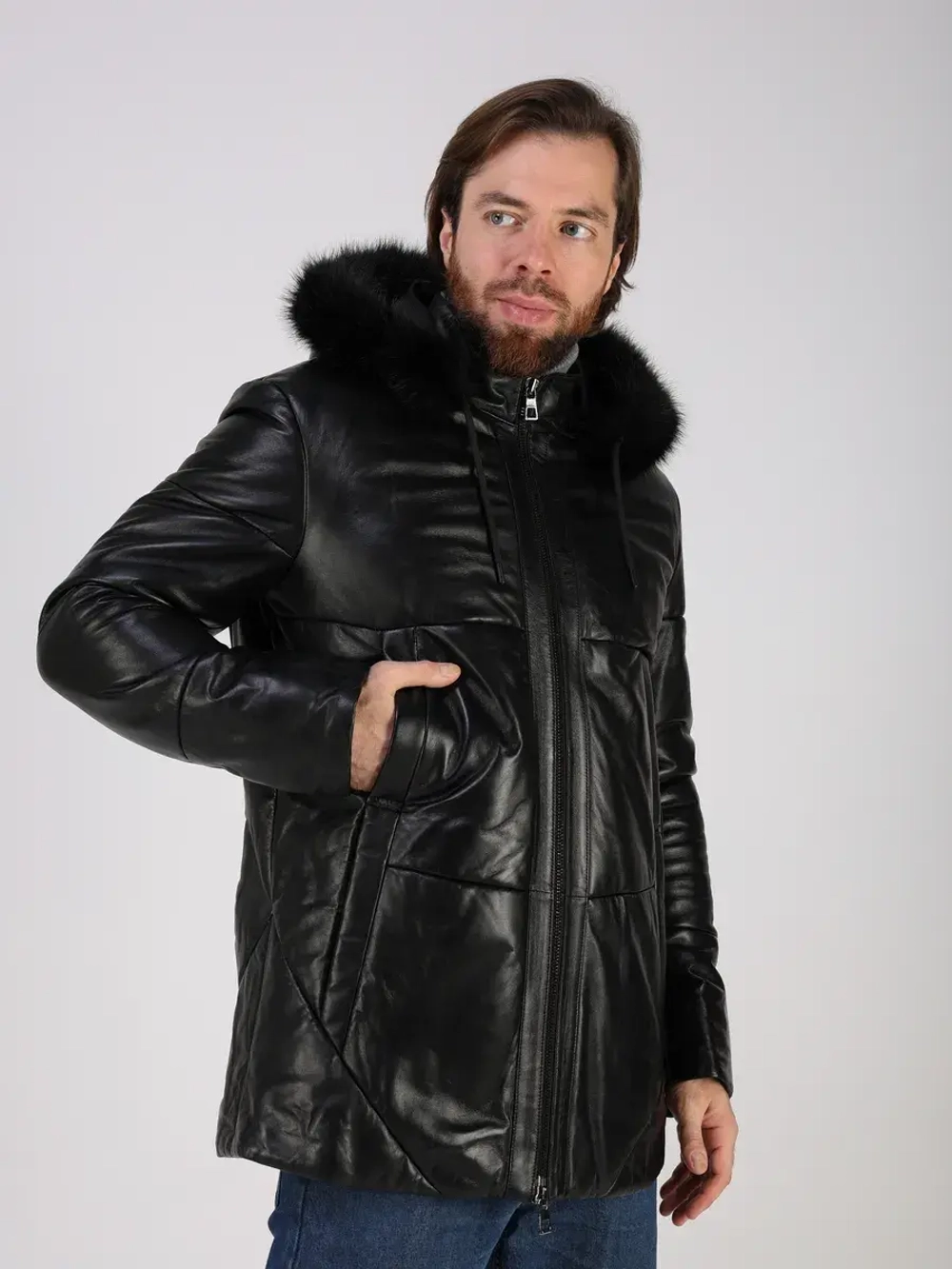 Куртка зимняя кожаная с капюшоном пуховик