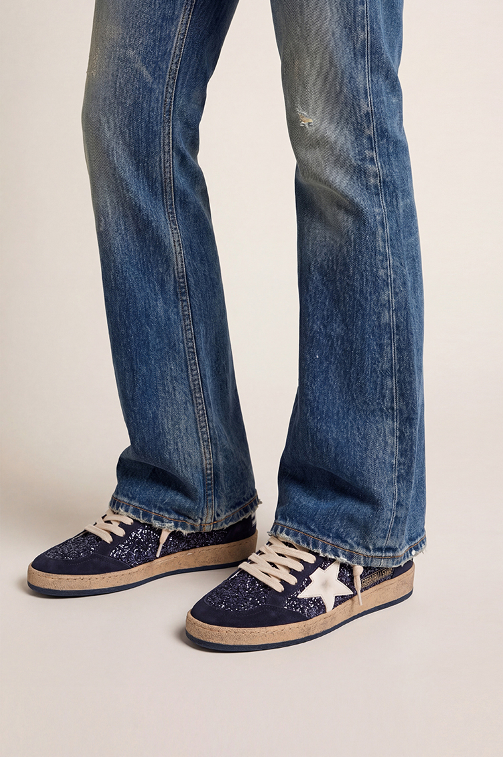 Ball Star LTD in blue glitter with leather star and metallic leather heel tab