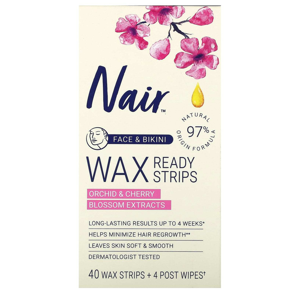 Nair, восковые полоски для эпиляции, для лица и зоны бикини, экстракты цветков орхидеи и вишни, 40 восковых полосок и 4 салфетки