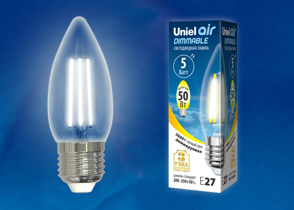 LED-C35-5W/WW/E27/CL/DIM GLA01TR Лампа светодиодная диммируемая. Форма свеча, прозрачная. Серия Air. Теплый белый свет (3000K). Картон. ТМ Uniel