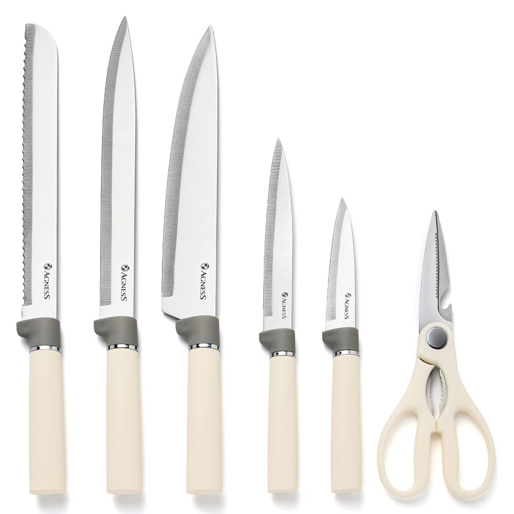 НАБОР AGNESS ИЗ 11ПР: 5 НОЖЕЙ,ПОЛОВНИК,ЛОПАТКА,ШУМОВКА,ПОДСТАВКА,НОЖЕТОЧКА,НОЖНИЦЫ, ЦВЕТ:БЕЛЫЙ/СЕРЫЙ