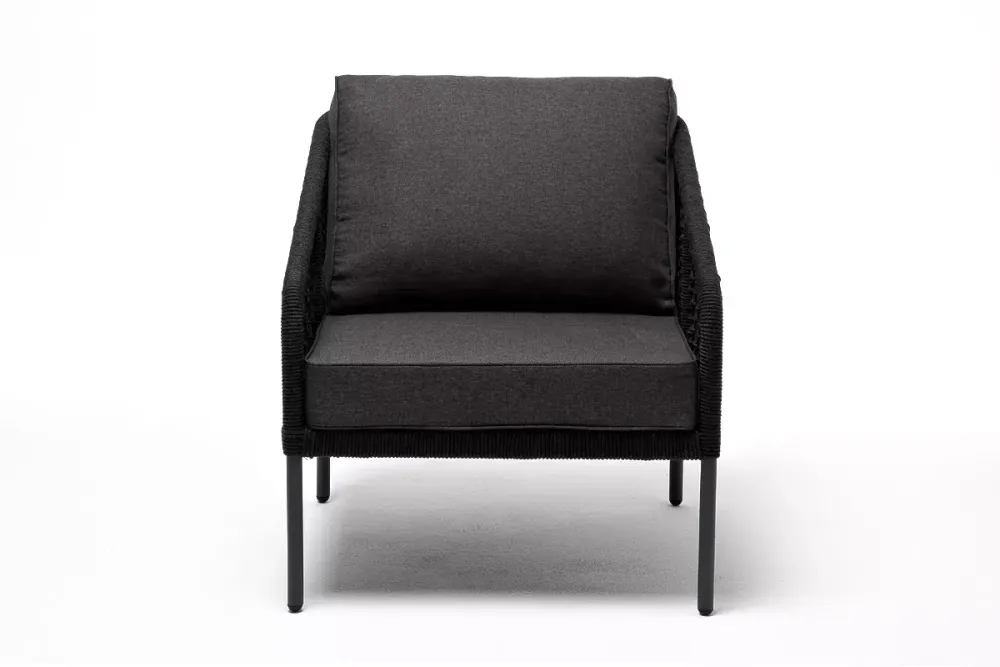 "Канны" кресло плетеное из роупа (узелки), каркас алюминий темно-серый (RAL7024) муар, роуп темно-серый круглый, ткань темно-серая 027