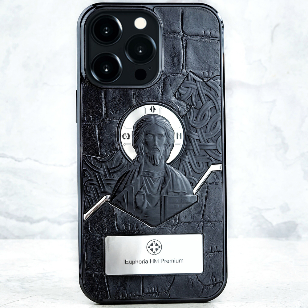 Премиум чехол для iPhone из натуральной кожи Euphoria HM Premium аксессуар из Православной коллекции с изображением Иисуса Христа.