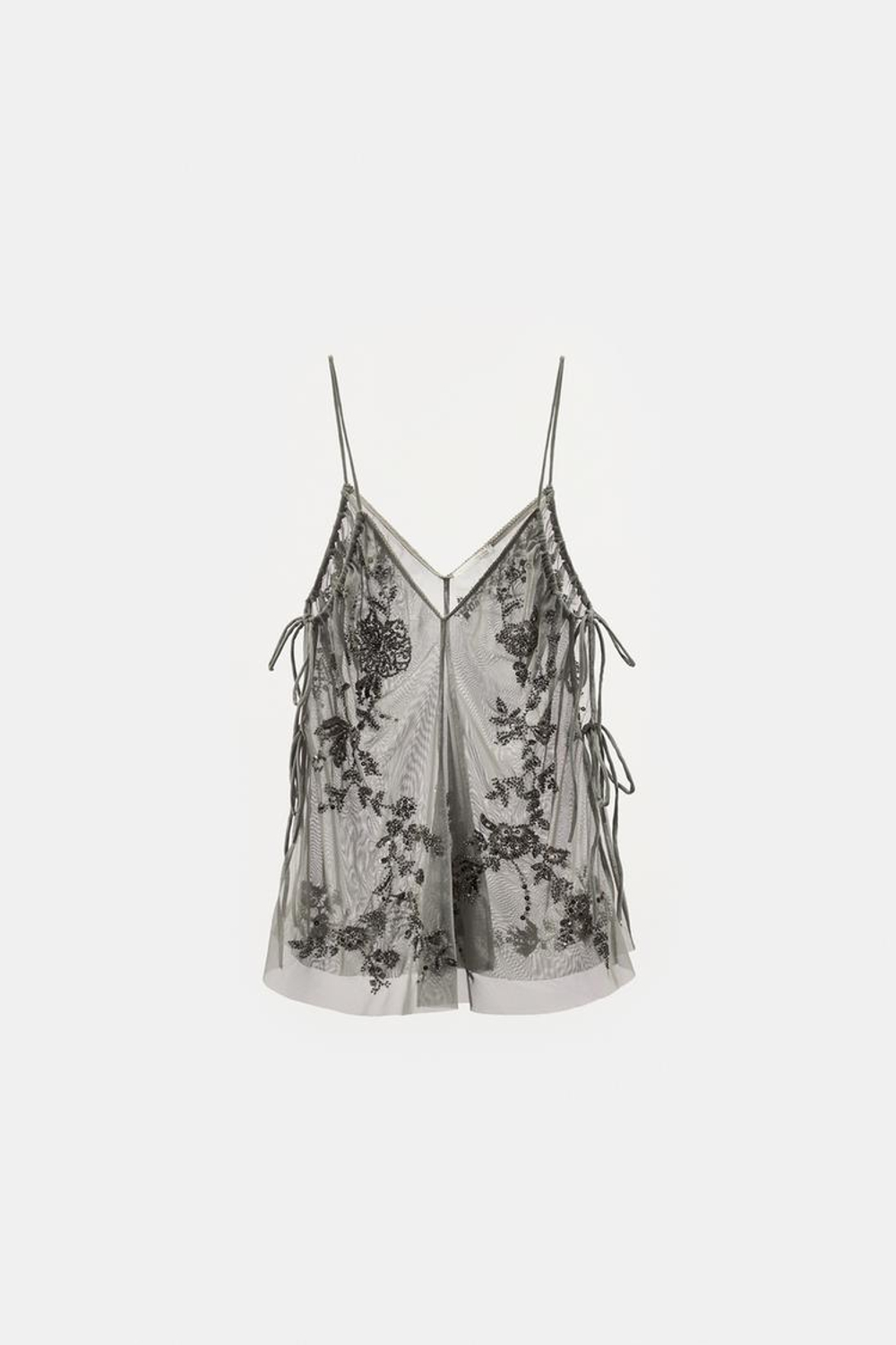 ZARA ТОП С ВЫШИВКОЙ И ПАЙЕТКАМИ, СВЕТЛО-СЕРЫЙ