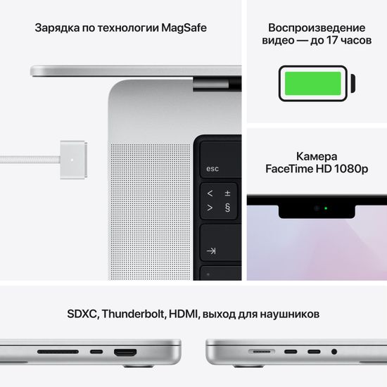 Apple MacBook Pro 14" (M1 Pro 10C CPU, 16C GPU, 2021) 16 ГБ, 1 ТБ SSD, серебристый