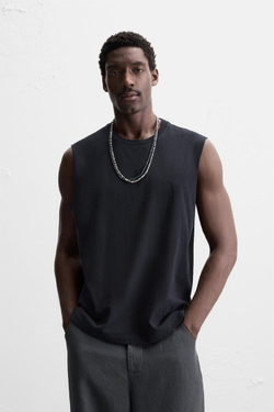 ZARA МАЙКА ИЗ ХЛОПКА, МОРСКОЙ ТЕМНО-СИНИЙ