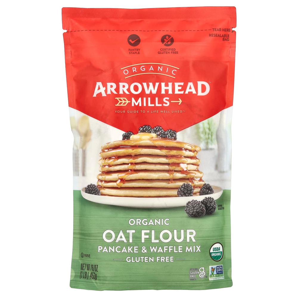 Arrowhead Mills, Смесь для блинов и вафель из органической овсяной муки, без глютена, 453 г (16 унций)