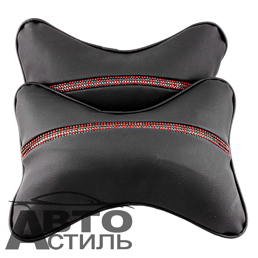 Подушки на подголовник Coolpart - DIAMOND (2шт) - P3010BL-RD - 50 кожзам черный + красный Стразы