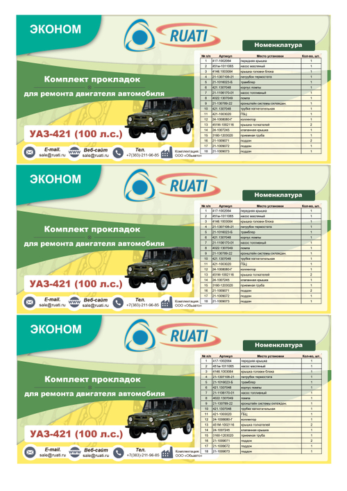 Комплект прокладок  двигателя УАЗ-421  (полный) эконом "RUATI"