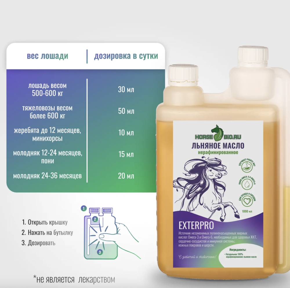 Льняное масло ExterPro для лошадей Horse-Bio, 1000 мл