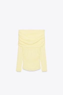 ZARA ФУТБОЛКА БЕЗ БРЕТЕЛЕЙ СО СБОРКАМИ, СВЕТЛО-ЖЕЛТЫЙ